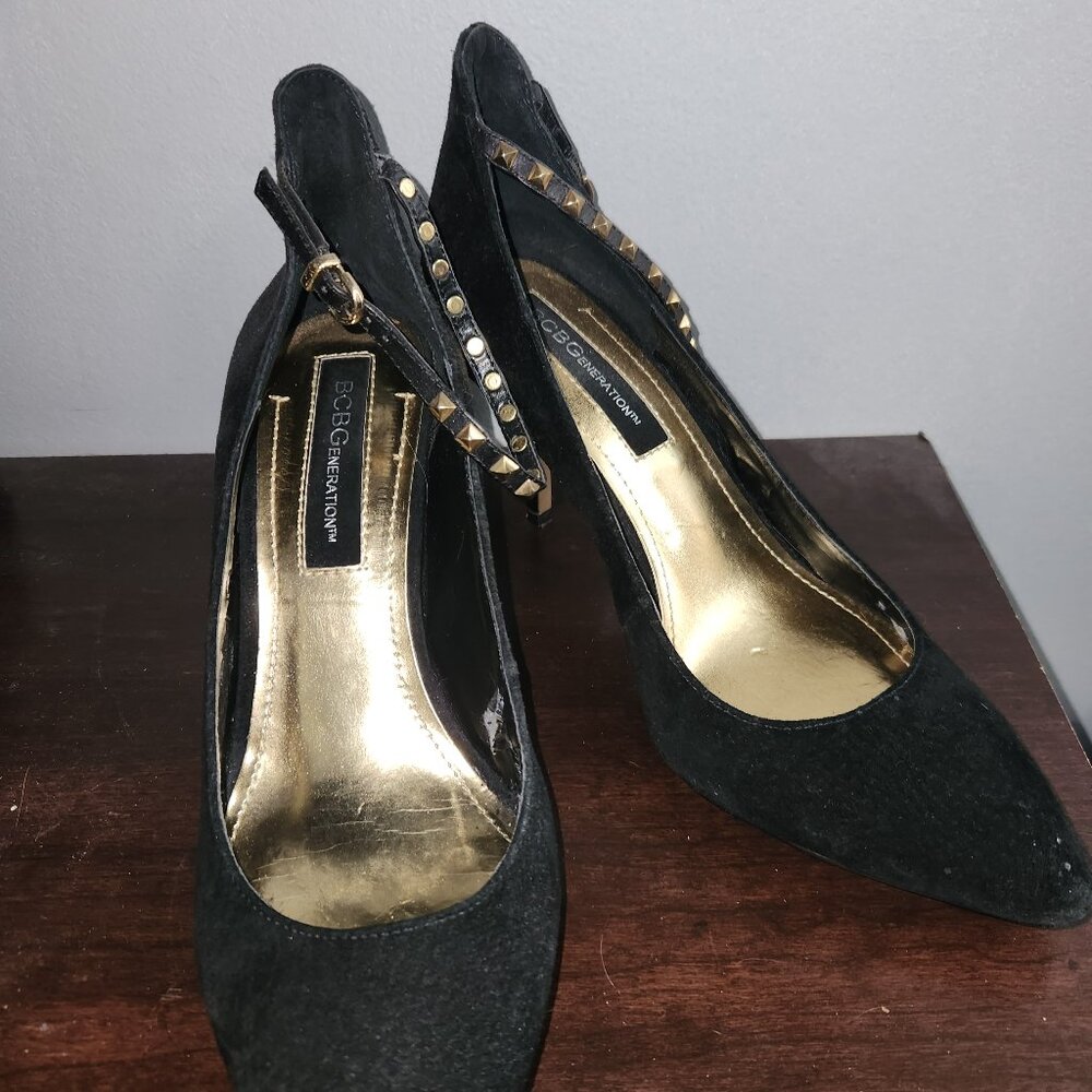BCBG Black Ankle strap stilettos.